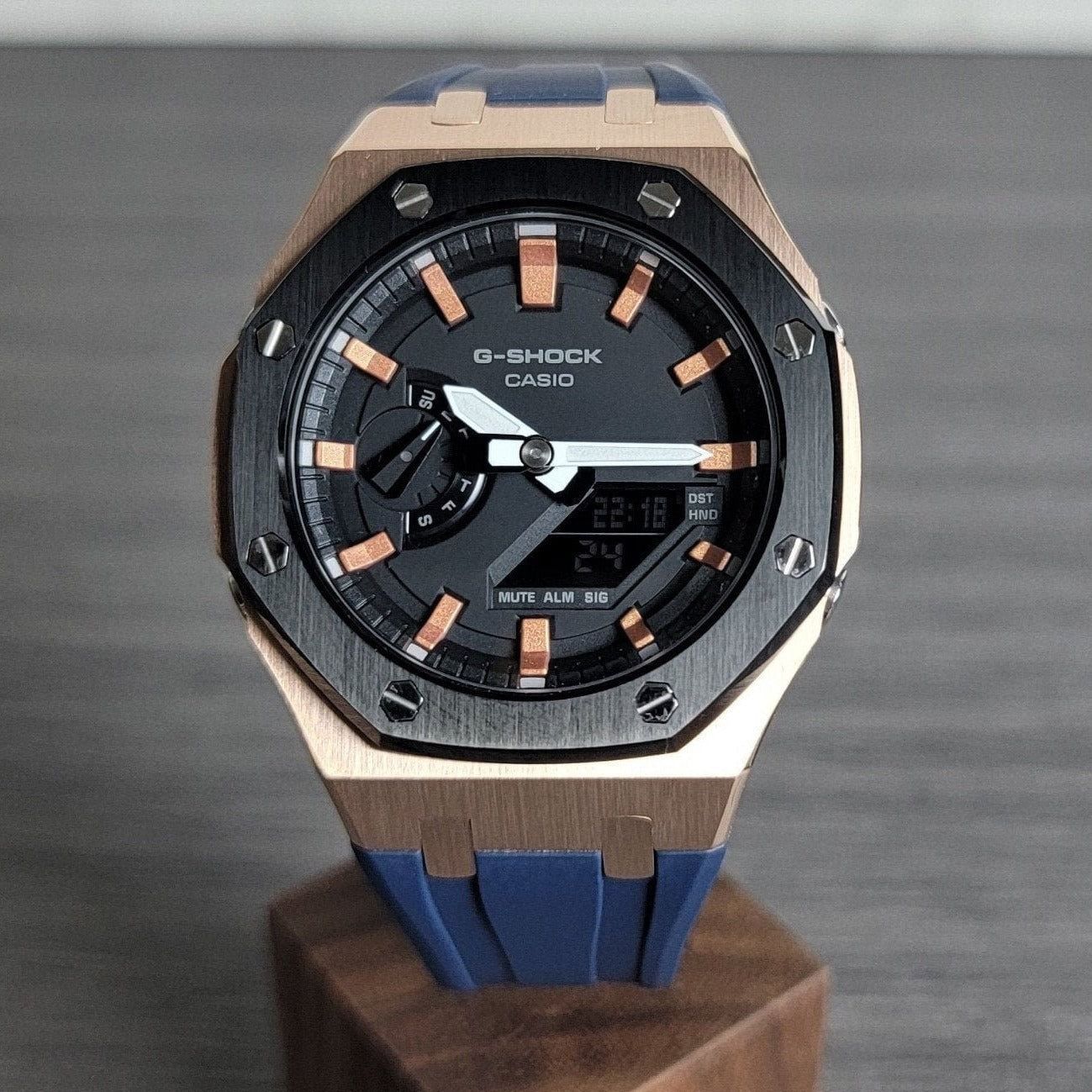 Casioak Mod Watch Black Rose Gold Case Blue Rubber Strap Black Rose Gold Time Mark Black Dial 44mm - Casioak Studio