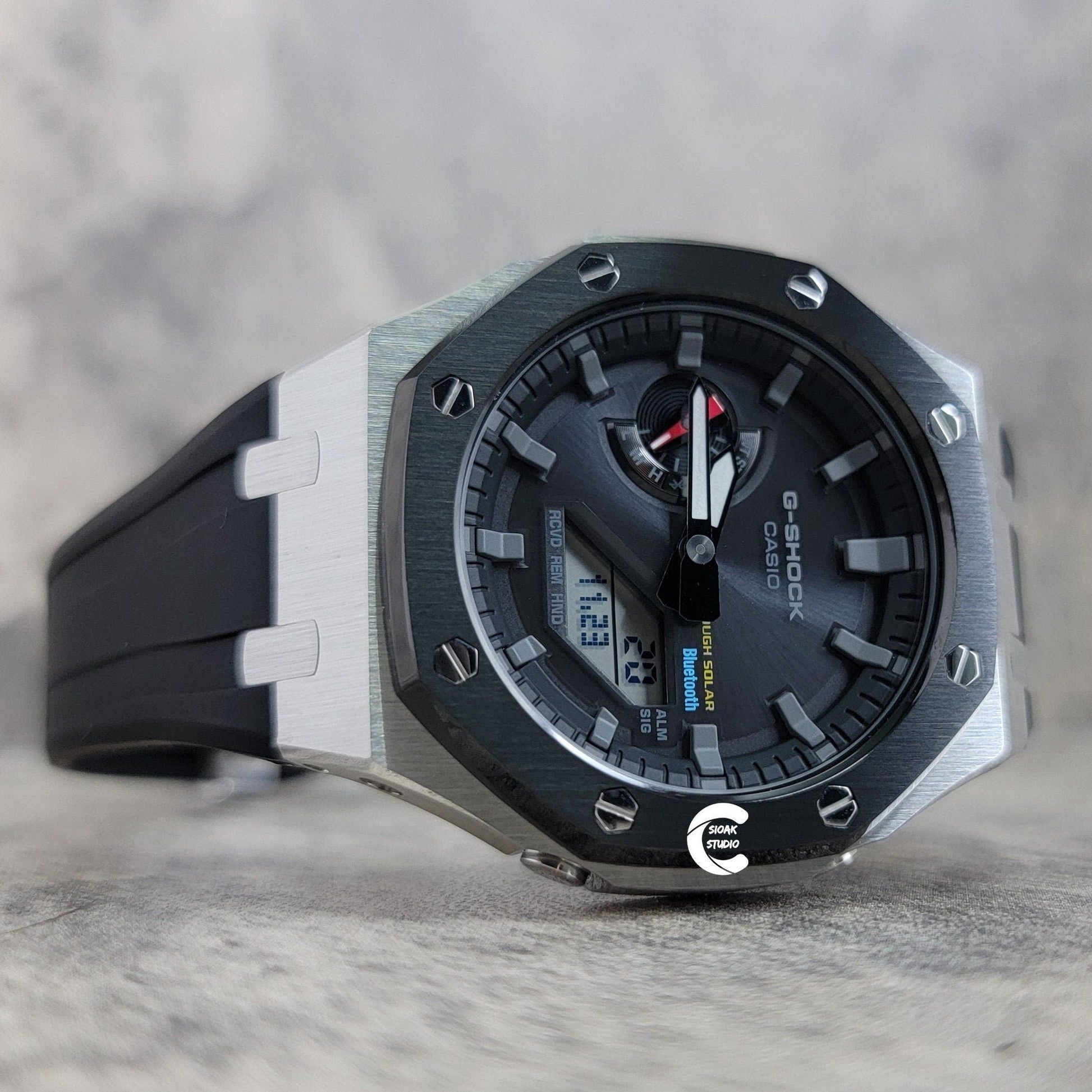 Casioak Mod Watch Solar Bluetooth Black Silver Case Black Rubber Strap Black Gray Time Mark Black Dial 44mm - Casioak Studio