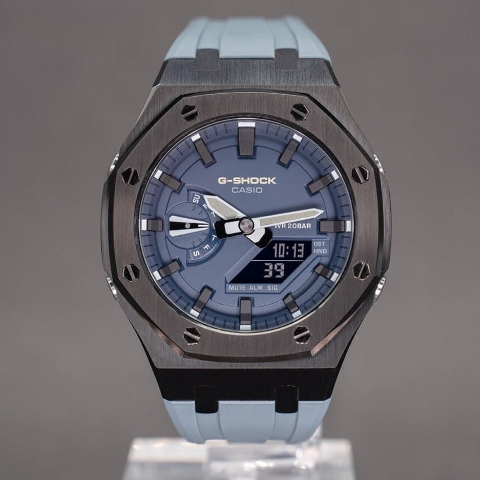 Casioak Mod Watch Black Case Gray Rubber Strap Blue Black Time Mark Blue Dial 44mm - Casioak Studio