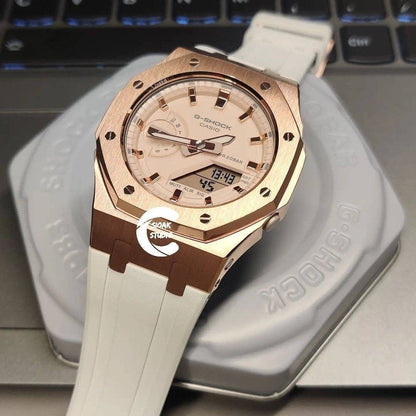 Casioak Mod Watch Rose Gold Case White Rubber Strap Beige Rose Gold Time Mark Beige Dial 42mm - Casioak Studio