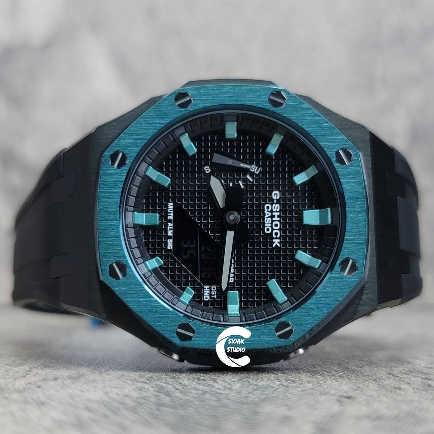 Casioak Mod Watch Blue Black Case Black Rubber Strap Black Turquoise Time Mark Black Dial 44mm - Casioak Studio