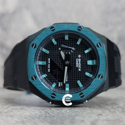 Casioak Mod Watch Blue Black Case Black Rubber Strap Black Turquoise Time Mark Black Dial 44mm - Casioak Studio