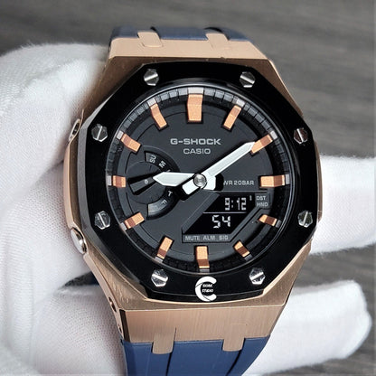 Casioak Mod Watch Black Rose Gold Case Blue Rubber Strap Black Rose Gold Time Mark Black Dial 44mm - Casioak Studio