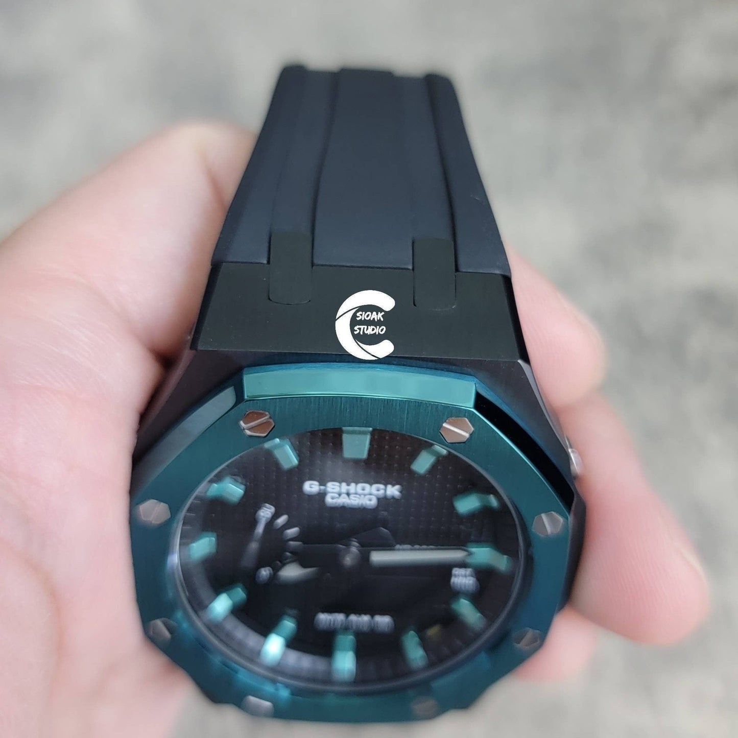 Casioak Mod Watch Blue Black Case Black Rubber Strap Black Turquoise Time Mark Black Dial 44mm - Casioak Studio