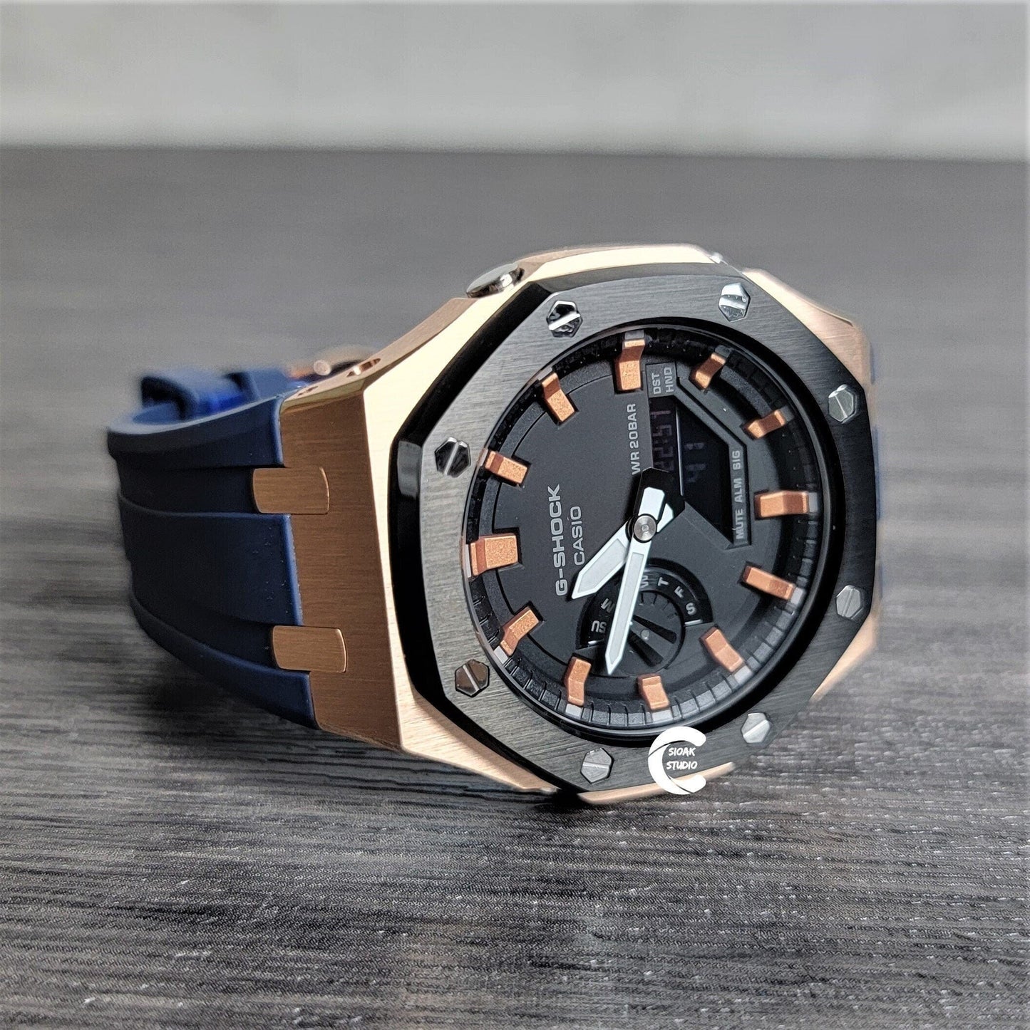 Casioak Mod Watch Black Rose Gold Case Blue Rubber Strap Black Rose Gold Time Mark Black Dial 44mm - Casioak Studio