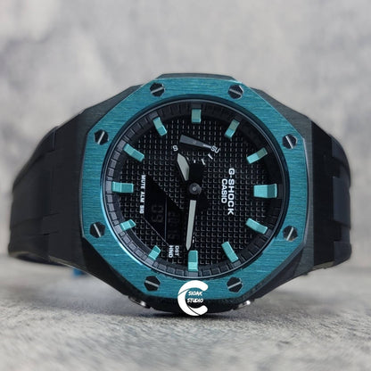 Casioak Mod Watch Blue Black Case Black Rubber Strap Black Turquoise Time Mark Black Dial 44mm - Casioak Studio