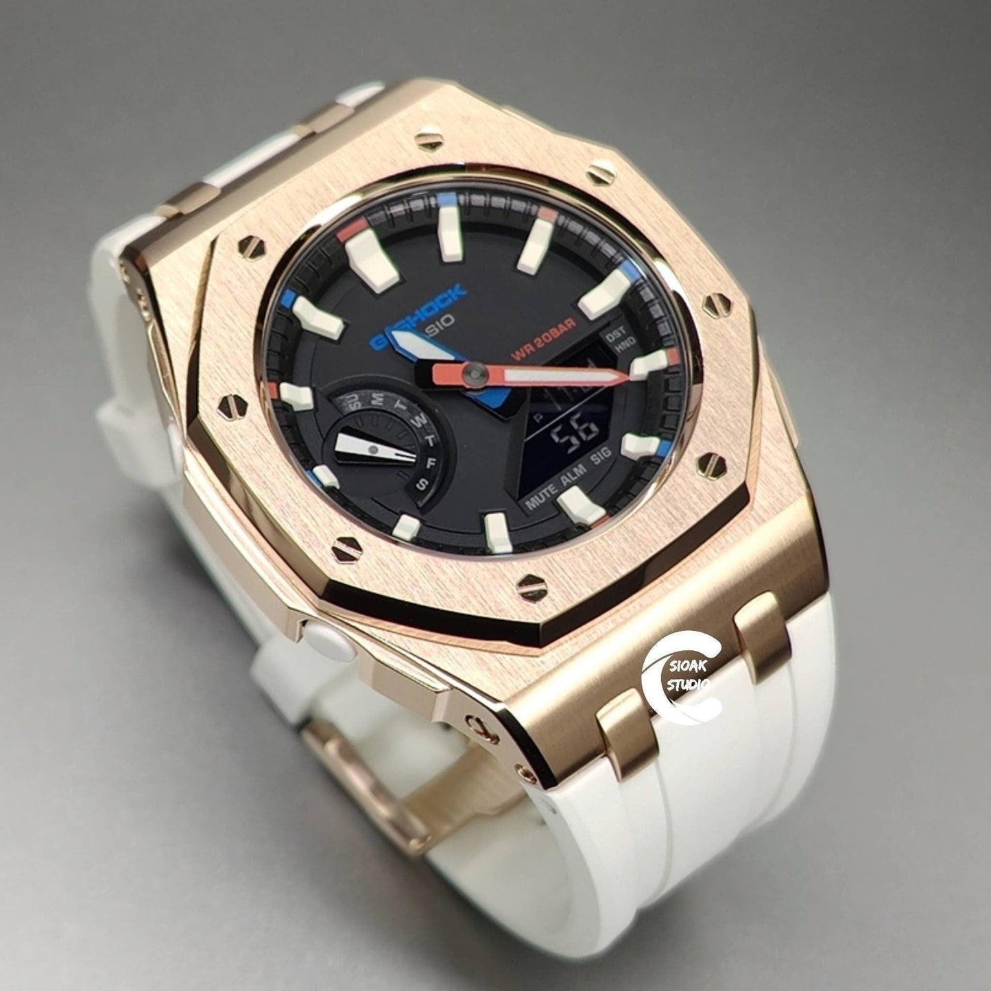 Casioak Mod Watch Offshore Superior Rose Gold Case White Rubber Strap Black Beige Time Mark Black Dial 42mm - Casioak Studio