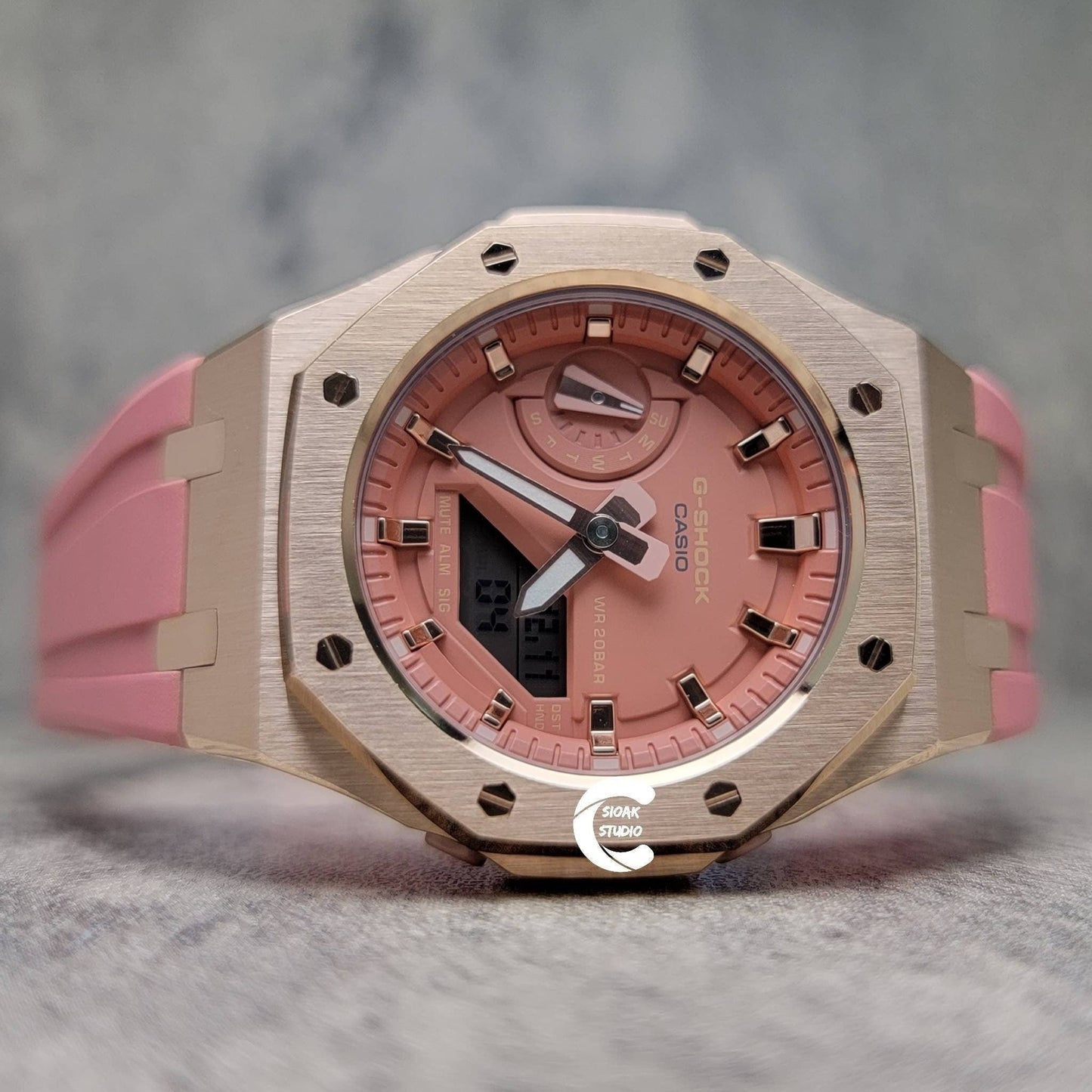 Casioak Mod Watch Rose Gold Case Pink Rubber Strap Pink Rose Gold Time Mark Pink Dial 42mm - Casioak Studio