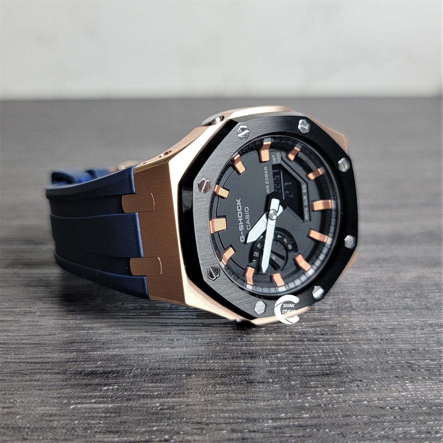 Casioak Mod Watch Black Rose Gold Case Blue Rubber Strap Black Rose Gold Time Mark Black Dial 44mm - Casioak Studio