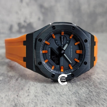 Casioak Mod Watch Black Case Orange Rubber Strap Black  Orange Time Mark Black Dial 44mm - Casioak Studio