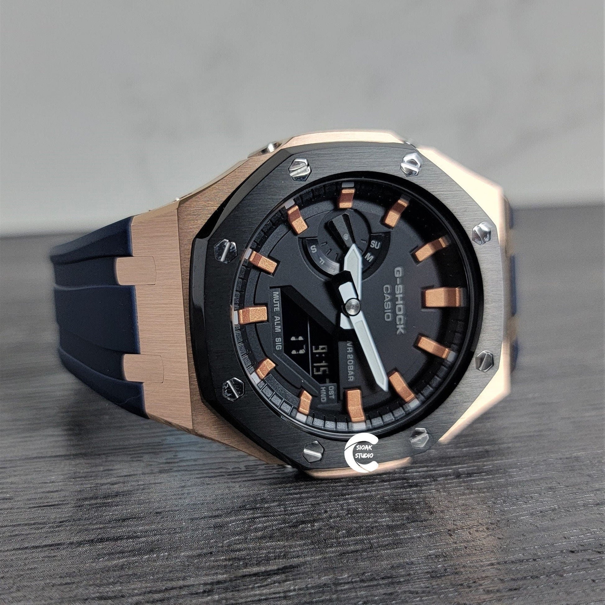 Casioak Mod Watch Black Rose Gold Case Blue Rubber Strap Black Rose Gold Time Mark Black Dial 44mm - Casioak Studio