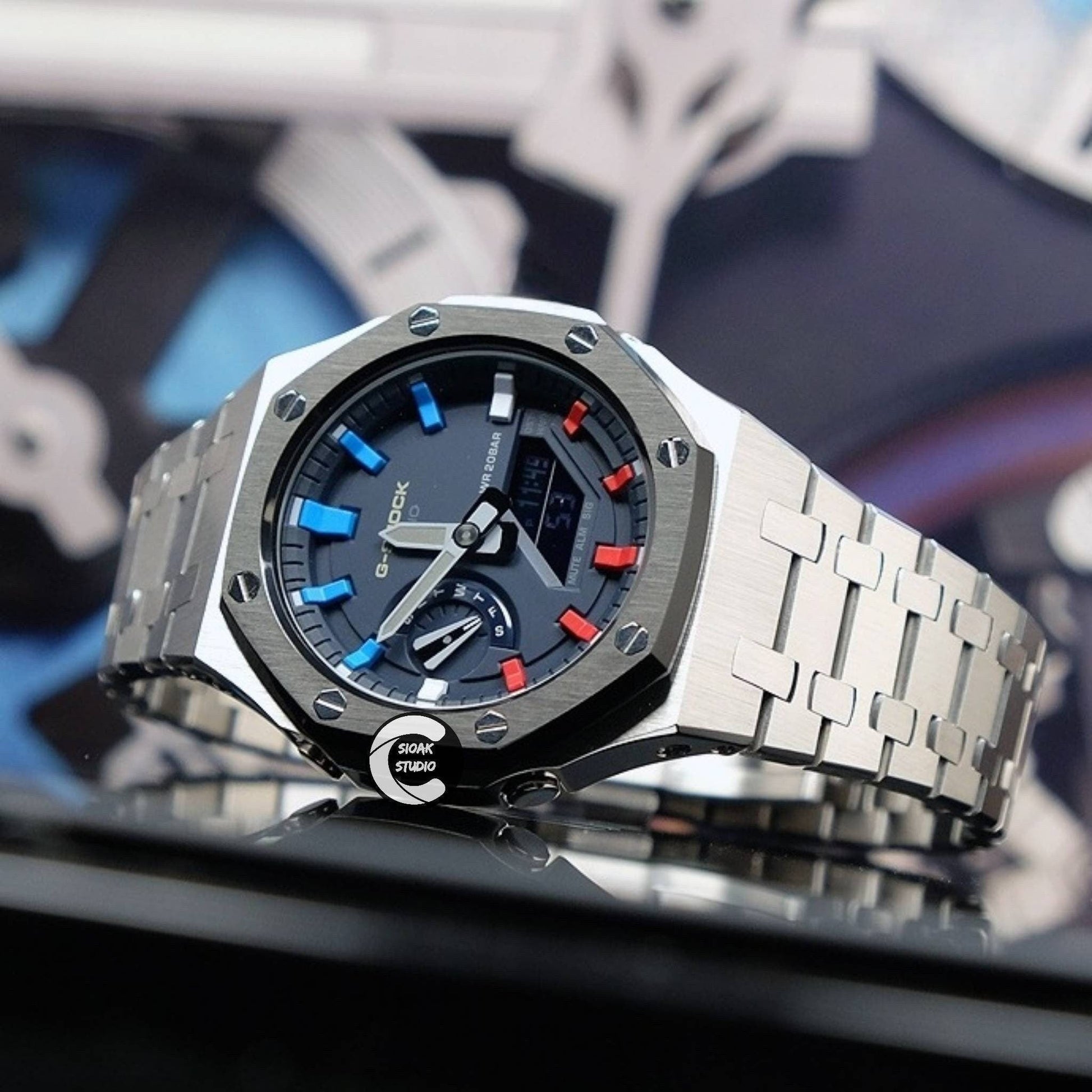 Casioak Mod Watch Black Silver Case Metal Strap Blue Rainbow Time Mark Blue Dial 44mm - Casioak Studio