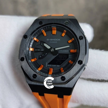 Casioak Mod Watch Black Case Orange Rubber Strap Black  Orange Time Mark Black Dial 44mm - Casioak Studio