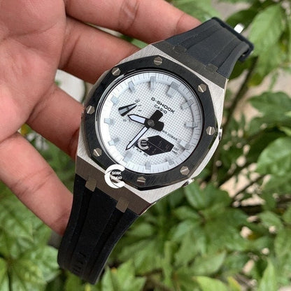 Casioak Mod Watch Black Silver Case Black Rubber Strap White Silver Time Mark White Dial 44mm - Casioak Studio