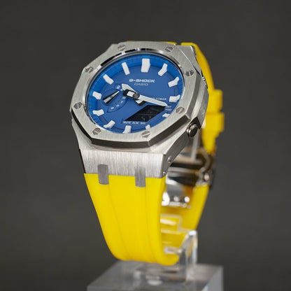 Casioak Mod Watch Gray Case Yellow Rubber Strap Blue Time Mark  Blue Dial 44mm - Casioak Studio