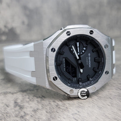 Casioak Mod Watch Silver Case White Rubber Strap Black Time Mark Black Dial 44mm - Casioak Studio