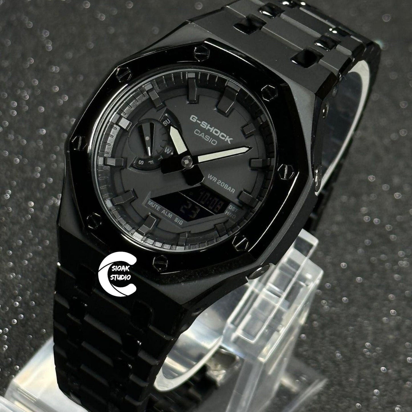 Casioak Mod Watch Polished Black Case Metal Strap Black Time Mark Black Dial 44mm - Casioak Studio