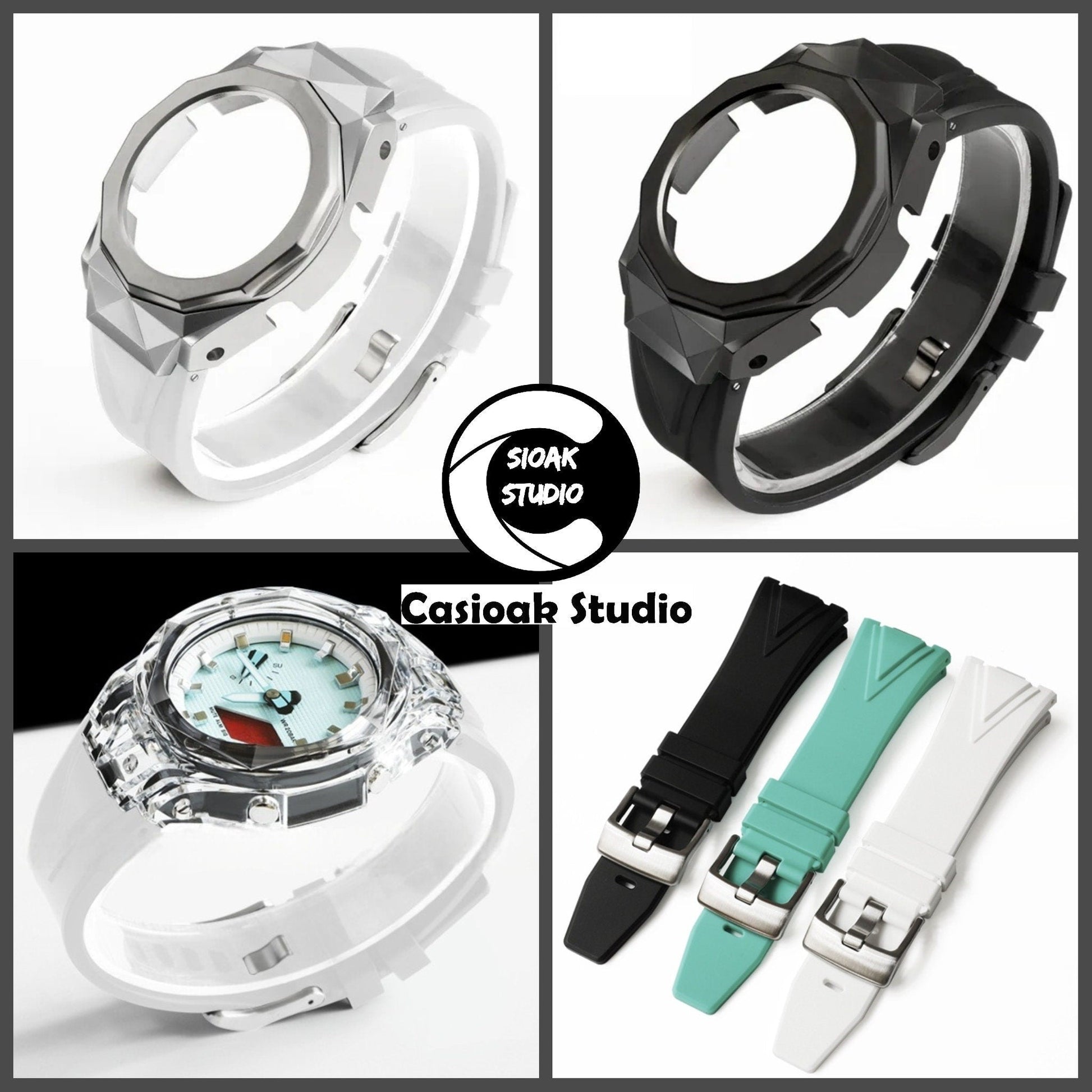 Casioak Mod Watch Transparent Case Black Strap Gray White Time Mark Tiffany Blue Dial 44mm - Casioak Studio