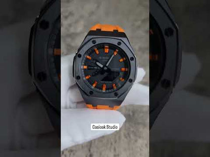 Casioak Mod Watch Black Case Orange Rubber Strap Black  Orange Time Mark Black Dial 44mm