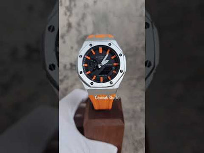 Casioak Mod Boîtier Argent Orange Rub Noir Orange Time Mark Cadran Noir 44mm