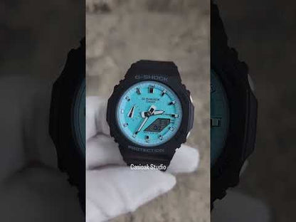 Casioak Mod Watch Zwart Plastic Kast Riem Tiffany wit Time Mark Tiffany Blauwe Wijzerplaat 42mm