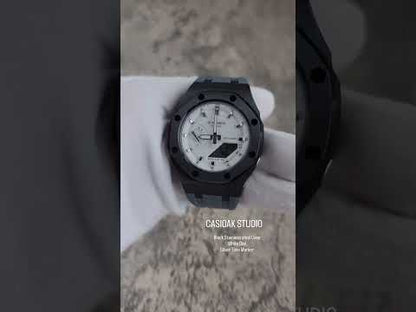 Casioak Mod Watch Black Case Gray Rubber Strap White Silver Time Mark White Dial 42mm