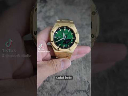 Casioak Mod Gold Case Metal Strap Black Gold Time Mark Green Dial 44mm