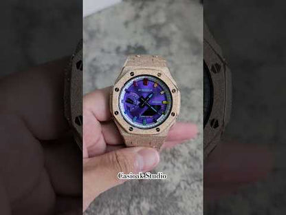 Casioak Mod Frosted Rosa Gold Case Metal Strap Prata Metal Rainbow Time Mark Purple Dial 44mm