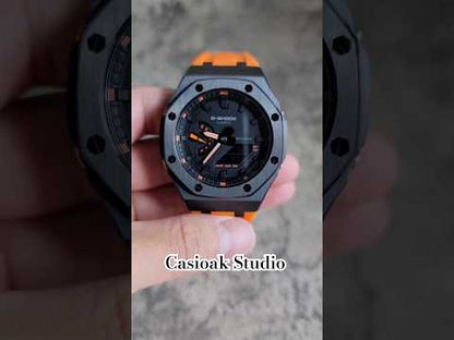 Casioak Mod 黑色 外殼 橙色擦黑色橙色時間標記黑色錶盤 44mm