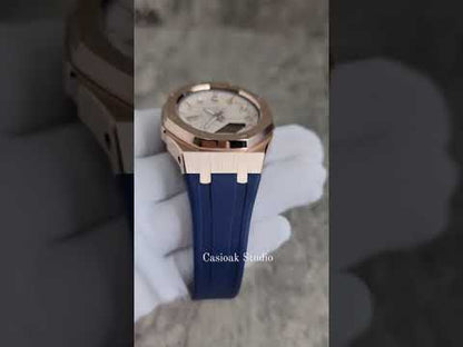 Casioak Mod Watch Rose Gold Case Blue Rubber Strap Beige Rose Gold Time Mark Beige Dial 42mm