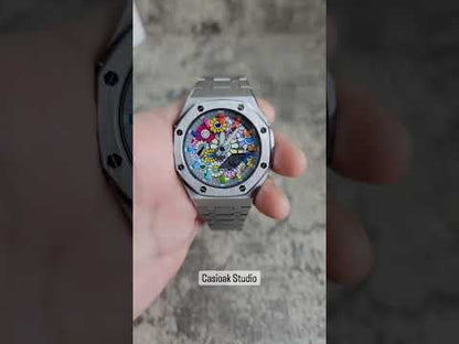 Casioak Mod Watch Silver Case Metal Strap Rainbow Time Mark Takashi Murakami Dial 44mm