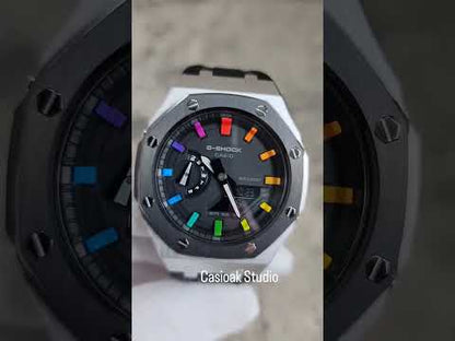 Casioak Mod Watch Black Silver Case Black Rubber Strap Black Rainbow Time Mark Black Dial 44mm