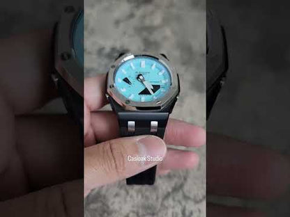 Casioak Mod فوق الفضة حالة سوداء حزام تيفاني أبيض علامة الوقت تيفاني الاتصال الهاتفي الأزرق 44 R