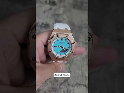 Casioak Mod 手錶玫瑰金 外殼 白色摩擦白色銀色時間標記蒂芙尼藍色表盤 42mm