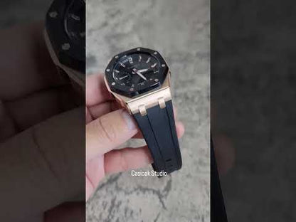 Casioak Mod Watch Offshore Superior Rose Gold Case Black Rubber Strap Black Rose Gold Time Mark Black Dial 42mm