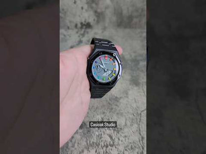 Casioak Mod Watch Polished Black Case Metal Strap Grey Rainbow Time Mark Gray Dial 44mm