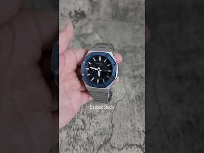 Casioak Mod Blue Hopeinen tapauksessa Metal hihna Musta valkoinen aika Mark Musta kellotaulu 44mm