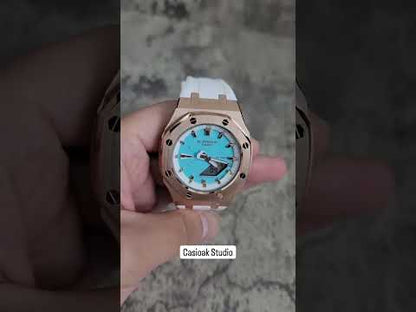 Casioak Mod Watch Rose Gold Case White Rubber Strap White Silver Time Mark Tiff Blue Dial 42mm