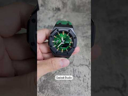 Casioak Mod Watch Black Case Green Rubber Strap Black Gold Time Mark Green Dial 44mm