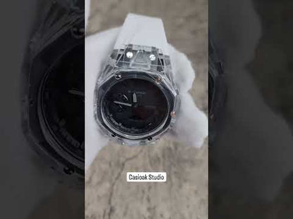 Casioak Mod Boîtier Transparent Bracelet Blanc Noir Time Mark Cadran Noir 44mm