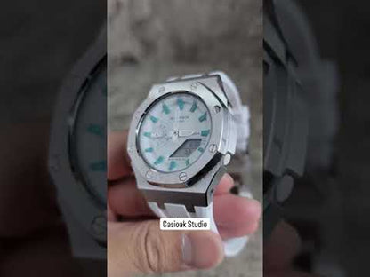 Casioak Mod Reloj Caja Plateada Blanco Rub Blanco Tiffany Time Mark Esfera Blanca 42mm