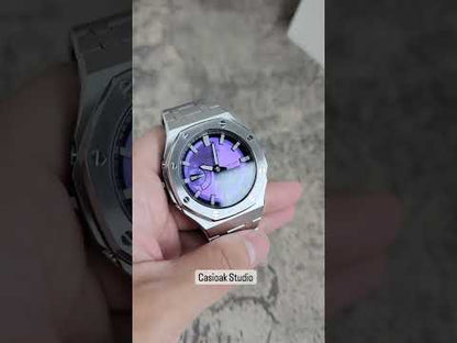 Casioak Mod Silver Case Metal Strap Black Light Gray Time Mark Purple Dial 44 mm.