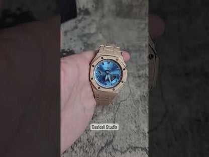 Casioak Mod Frosted Rosa Gold Case Metal Strap Prata Time Mark Ice Blue Dial 44mm