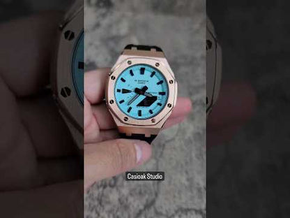 Casioak Mod Watch Rose Gold Case Black Rubber Strap Tiff Blue Time Mark Tiff Blue Dial 44mm