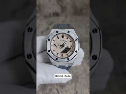 Casioak Mod Watch Silver Case Gray Rubber Strap Beige Rose Gold Time Mark Beige Dial 42mm