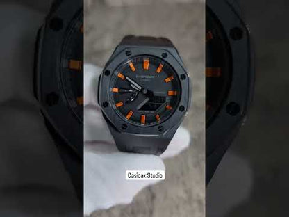 Casioak Mod 黑色 外殼 黑色擦黑色橙色時間標記黑色錶盤 44mm
