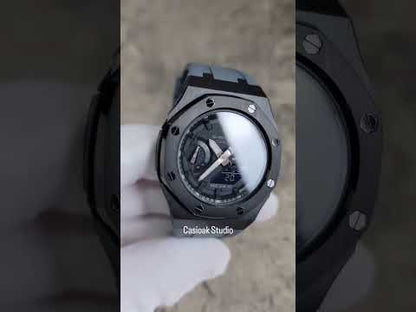 Casios Mod Watch Custodia nera con cinturino in gomma grigio nero contrassegno a tempo quadrante nero 42mm