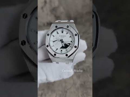 Casios Mod Uhr Silber Fall Weiß Gummi armband Weiß Silber Zeit Mark Weißes Zifferblatt 42mm