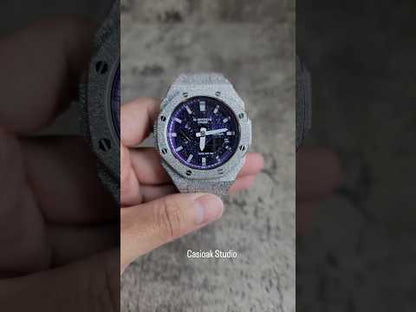 Casioak Mod Watch Frosted Silver Case Metal Strap Purple Silver Time Mark Purple Dial 44mm