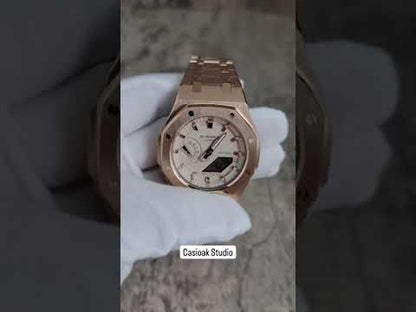 Casioak Mod 로즈 골드 케이스 금속 스트랩 베이지 로즈 골드 타임 마크 베이지 다이얼 42mm